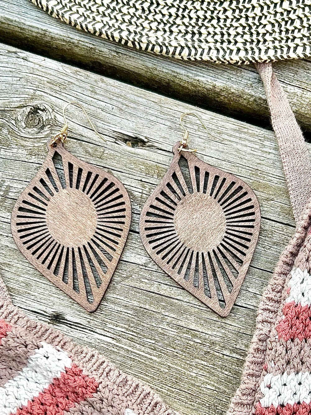 Sunburst laser cut wooden Teardrop Earrings w resort vacay beach hippy vibe